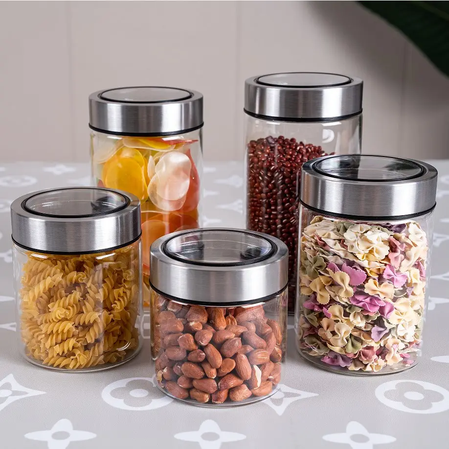 Clear glass canister penny candy glass jar with Stainless Steel lid transparent airtight food storage jar for snacks cookie