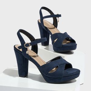 Elegantes Zapatos de Tacón Grueso con Plataforma de PU <span class=keywords><strong>Azul</strong></span> <span class=keywords><strong>Marino</strong></span>, Zapatos de Boda con Punta Abierta y Hebilla en el Tobillo, Zapatos de Verano en Tallas Grandes, Se Aceptan Pedidos Personalizados - Product Image 1