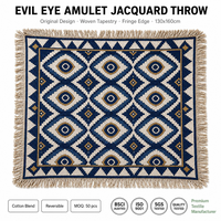 Couverture Jacquard Amulette Mauvais Œil Bleu Royal Or Crème Tapisserie Tissée Franges Bohème Géométrique Turque Décoration Murale Canapé
