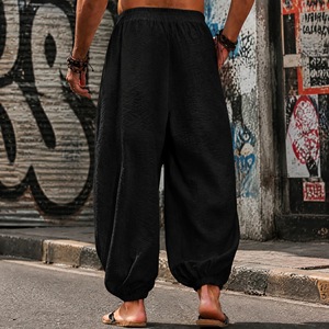 Pantalon ample en coton et lin pour homme, couleur unie, taille à nouer, jambe large, décontracté, plage, été - Product Image 3