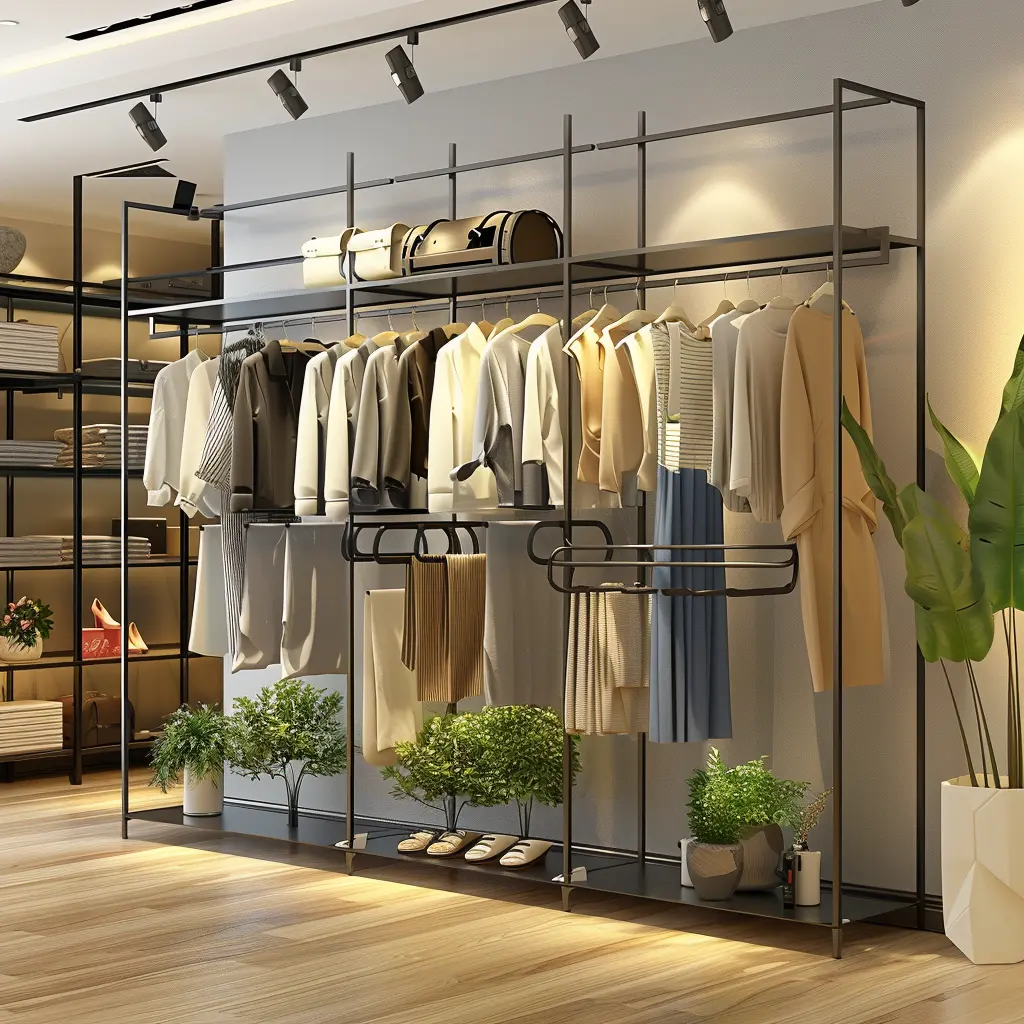 Vendita all'ingrosso al dettaglio espositori per vestiti a parete appendiabiti per il negozio a doppia visualizzazione rack per abbigliamento