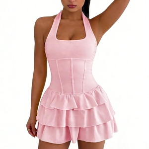 Vestido Mini Halter con Volantes Escalonados para Mujer - Vestido de Fiesta de Verano sin Mangas Ajustado a la Cadera, a la Moda - Product Image 1