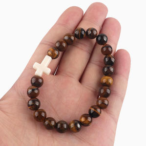 Nouveau design, vente en gros, bracelets extensibles en perles <span class=keywords><strong>de</strong></span> <span class=keywords><strong>pierre</strong></span> turquoise <span class=keywords><strong>noire</strong></span> naturelle <span class=keywords><strong>de</strong></span> 8 mm avec croix - Product Image 3