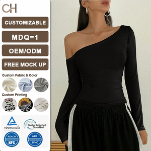 T-shirt da donna 2026 di tendenza, sexy, slim fit, in maglia tinta unita, con spalle scoperte, collo asimmetrico e maniche lunghe, per primavera estate - Product Image 1