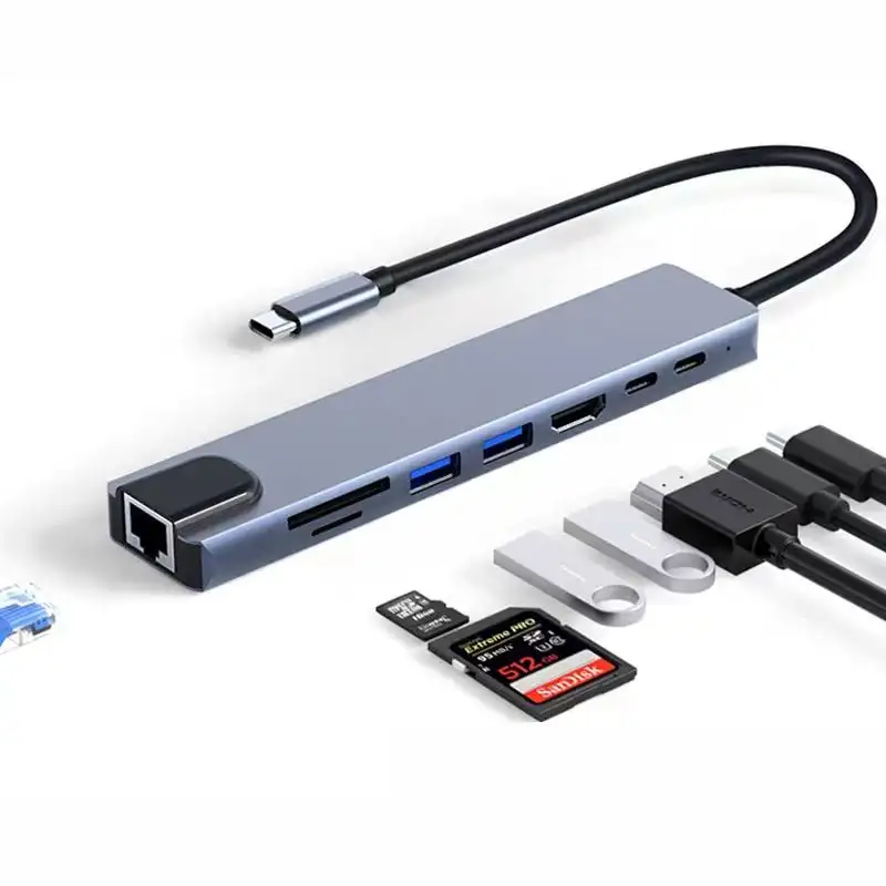 Novo design de liga de alumínio 3/4/5/6/7/8 em 1 hub tipo C com adaptador HDTV, Ethernet, leitor de cartão TF/SD, 2 portas USB e hub de 87 W 3.0