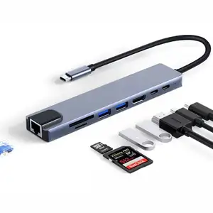 Nieuw Ontwerp Aluminium Legering 8 In 1 Type C Hub Met Hdtv Adapter, Ethernet, Tf/Sd Kaartlezer, 2 Usb3.0 Poorten En 87W