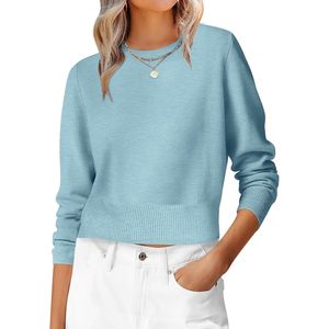 Women's Long Sleeve <b>Cropped</b> Crew Neck Sweater Light Weight Casual Autumn <b>Top</b> Anti Pilling - Product Image 1