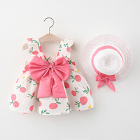 Robe à bretelles pour filles avec grand nœud et motif floral, style chapeau de paille, collection été 2022, vêtements pour enfants, robes pour filles