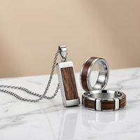 Ensemble de bijoux pour hommes en gros, collier et bague en acier inoxydable avec incrustation de bois naturel, 3 pièces, fabricant de bijoux avec logo personnalisé