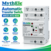 Commutateur de transfert automatique à double alimentation MythEle MXS1-ATS-80A 2P 80A 220V AC, rail DIN 35mm pour générateur, alimentation de secours solaire photovoltaïque