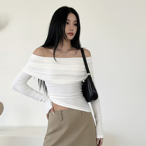 Haut tendance pour femmes à épaules dénudées, manches longues, couleur unie, détail plissé, taille cintrée, élégant, décontracté, haut quotidien - Product Image 3