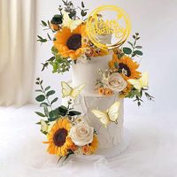 Décoration de gâteau florale tournesol et rose blanche, papillon doré, feuille d'eucalyptus, style rustique, pour anniversaire et mariage
