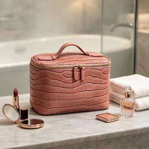 กระเป๋าใส่เครื่องสำอางกันน้ำลายหนังจระเข้ PU สำหรับเดินทาง กระเป๋าเครื่องสำอางขนาดใหญ่แบบถือสำหรับผู้หญิง กระเป๋าเก็บเครื่องสำอางและผลิตภัณฑ์ดูแลผิว พร้อมโลโก้ - Product Image 4