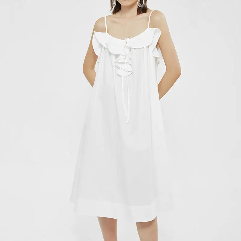 Custom low MOQ Spring and summer 100% Linen Hot sale Holiday wear sleeveless Ruffles White casual women's summer dress