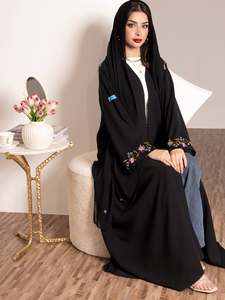 <span class=keywords><strong>Abaya</strong></span> en <span class=keywords><strong>lin</strong></span> noir brodée de fleurs, ouverte sur le devant, douce, pour femmes musulmanes, tenue modeste quotidienne - Product Image 3
