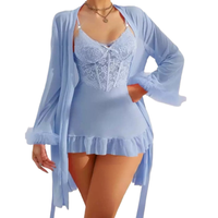 Ensemble de chemise de nuit en dentelle transparente, vêtements de nuit sexy d'été pour femmes, robe de nuit sans manches avec robe de chambre
