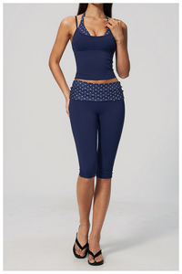 Women's Casual Striped Two Piece Sports Set Strapless Halter Short Crop High Waist <b>Capri</b> Leggings Breathable Knitted Polyester - Product Image 3