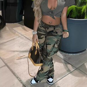 Wholesale <strong>Women</strong> Camouflage Cargo Denim Pants High Rise Side Pocket Straight Leg <strong>Camo</strong> Street Casual Workwear <strong>Trousers</strong> - Product Image 2