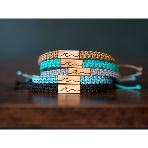 Fresh Blue Green Nylon Cord Woven Bracelet Minimalist <b>Engraved</b> Waves Pattern Rectangular Wooden Block Charm Bracelets for Men - Product Image 5
