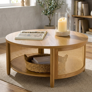 Mesa de centro redonda moderna de madera con estante de almacenamiento y diseño de panel de ratán para muebles de sala de estar - Product Image 2