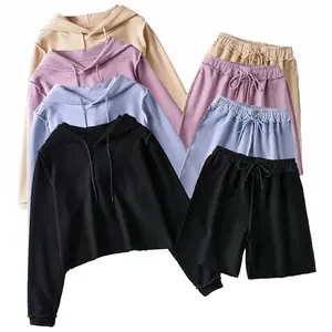 Kustom Wanita bordir bulu Booty Unisex Top pengendara sepeda motor dua potong celana pendek dan Hoodie Jogger Set dipotong tepi Raw Hem Hoodie