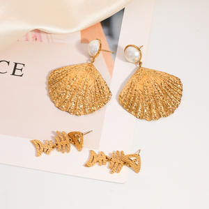 Pendientes Colgantes con Diseño de Espina de Pescado, Chapados en Oro de 18k, Acero Inoxidable, Perla y Concha, Estilo Vintage, Joyería de Moda - Product Image 2