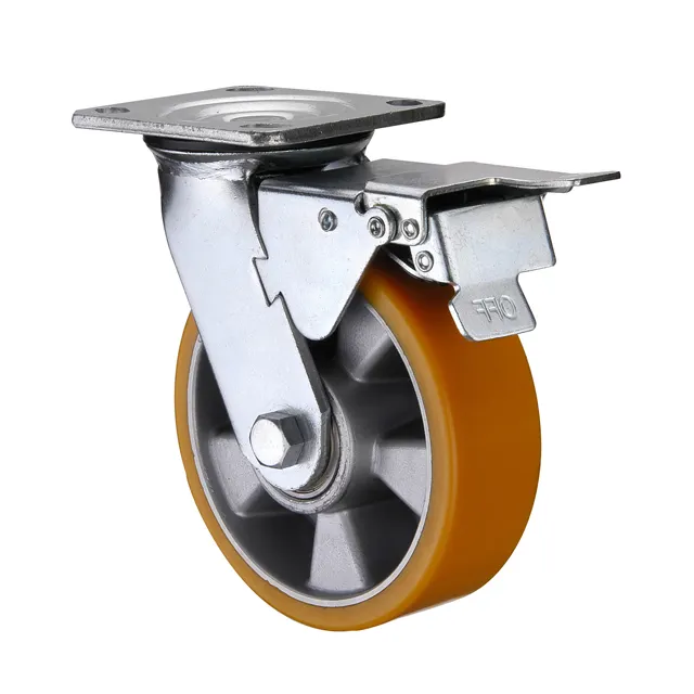 제조자 제품 5 6 8 10 인치 산업 높은 짐 트롤리 회전대 브레이크를 가진 알루미늄 핵심 PU 피마자 바퀴