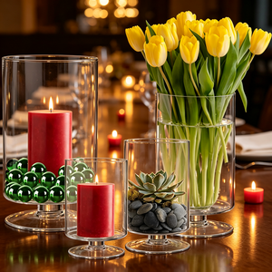 Grand vase transparent à pied, coupe-vent, différentes tailles, côtelé, à extrémité ouverte, pour mariage, porte-bougie conique en verre hurricane - Product Image 5