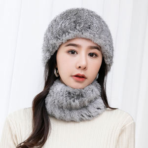 YR752 accepter la fabrication personnalisée de qualité supérieure <span class=keywords><strong>tricoté</strong></span> à la <span class=keywords><strong>main</strong></span> avec un ensemble de foulard et de chapeau en fourrure de lapin véritable élastique - Product Image 1