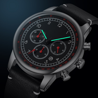 Montre à quartz simple pour homme UMS en acier inoxydable, bracelet en cuir rond de 42 mm, chiffres arabes, trois aiguilles, six aiguilles, multifonction
