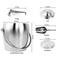Seau à glace isolé en acier inoxydable 2L avec couvercle, pinces, cuillère et passoire Seau à champagne Accessoires de bar à vin pour fêtes