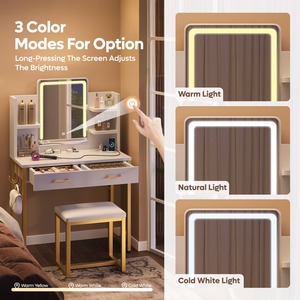 Table de maquillage moderne pour chambre à coucher avec tabouret rembourré noir et or, miroir éclairé et lampe - Product Image 3