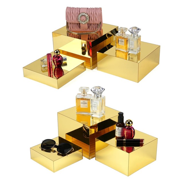 Gold and Silver Risers Display Stands, 6pcs Acrylic Mirror Display Stand, Food Display Buffet Riser, Hollow Bottom Design