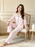 Pyjama de luxe pour femme en coton à manches longues et col rabattu, à rayures verticales, respirant et doux, tenue décontractée et confortable