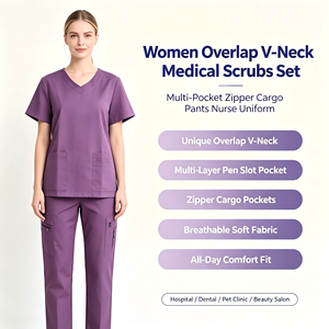 Ensemble de Blouse et Pantalon Médical Personnalisé OEM pour Femme, Col V Superposé, Multi-Poches, Pantalon Cargo Zippé, Uniforme de Travail Médical pour Clinique et Soins de Santé - Product Image 4