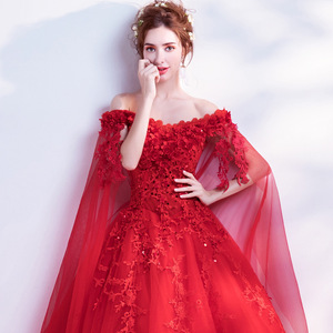 Rose Red Tulle Off-Shoulder Ball Gown Wedding Dress Empire Waist Floral Print Long Sleeve Evening Gown - Product Image 2