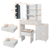 Table de toilette OEM avec miroir coulissant, table de maquillage avec 5 tiroirs, étagères de rangement, tabouret rembourré, ensemble de coiffeuse LED pour femmes