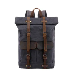 Manufacturer Customized Logo Vintage Roll Top School Outdoor Camping Casual Travel Waxed Canvas Bag Hiking Backpack For Men