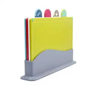 Factory Original 4 pieces color-coded plastic cutting board set with stand for kitchen Dishwasher