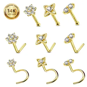 Toposh Flower Clear CZ Labret 14K Solid Gold Nose Ring Pin Stud Piercing Jewelry