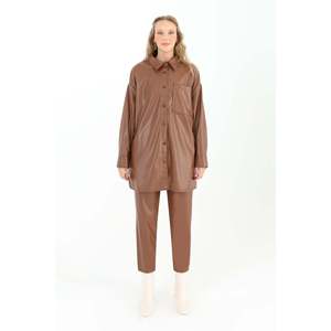 Puane Women's Stylish Brown Faux Leather Pocketed Shirt, Modern Cut, Soft Fabric, Ideal for Everyday and Special Occasions - Product Image 1