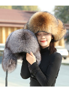 Chapeaux en fourrure de renard véritable pour femmes, chauds pour l'hiver, unisexes, tricotés, en fourrure véritable, avec pompons en fourrure moelleux - Product Image 1