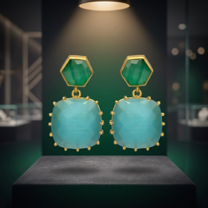 Nouvelles boucles d'oreilles pendantes en onyx vert et calcédoine aqua, plaquées or, en laiton, faites à la main, pour mariage et fêtes, style ethnique - Product Image 2