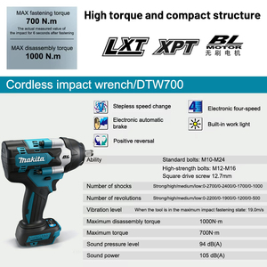 Clé à chocs électrique sans fil <span class=keywords><strong>18V</strong></span> <span class=keywords><strong>Makita</strong></span> DTW700 à couple élevé pour la réparation automobile et l'assemblage de machines lourdes - Product Image 5