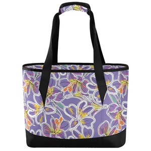 Lavender Hawaiian Summer Flowers Print Hand Bag Custom Zipper up Portable Insulated Cooler Lunch Tote Bag for Picnic - Product Image 1