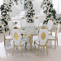 Chaise de banquet de mariage ovale de luxe en acier inoxydable doré, avec dossier sculpté et rembourrage blanc