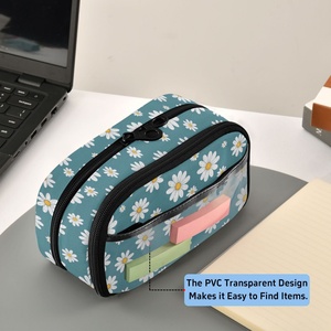Trousse à crayons en polyester à faible MOQ, motif marguerite, deux fermetures éclair, fenêtre en PVC, impression personnalisée, pour filles - Product Image 6