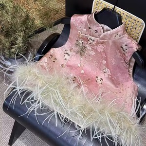 Girls Panda Print Silk Vest Pink Thickening Ostrich Feather Trim Autumn Winter Fashion - Product Image 4
