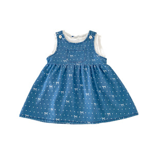2025 Mùa Hè Mới Phong Cách Bé Gái Dresses Dot Hoa Đầy Đủ In Denim Váy Ren Ngọt Ngào Bow Vest Dây Đeo Ăn Mặc Cho Trẻ Em Nhỏ - Product Image 1