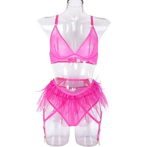 <b>Women's</b> Exquisite Exotic Sexy Lingerie Set Fuchsia Lace Nightwear Bandage Panty Angle Underwear Mesh Fabric Bras Suit - Product Image 5